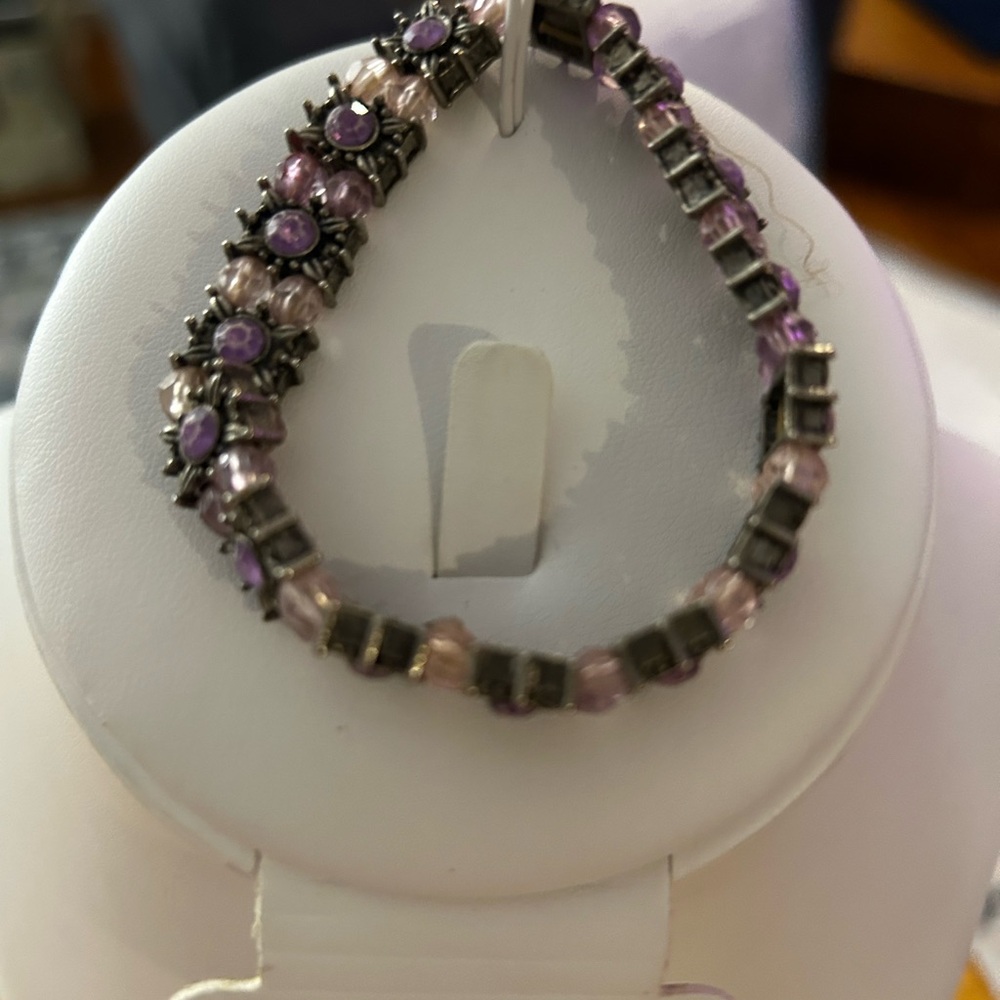 Vintage Purple and Pink Rhinestones in Gunmetal toned setting Stretch Bracelet